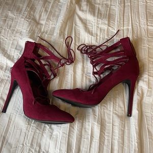 Maroon suede lace up pointy toed heels